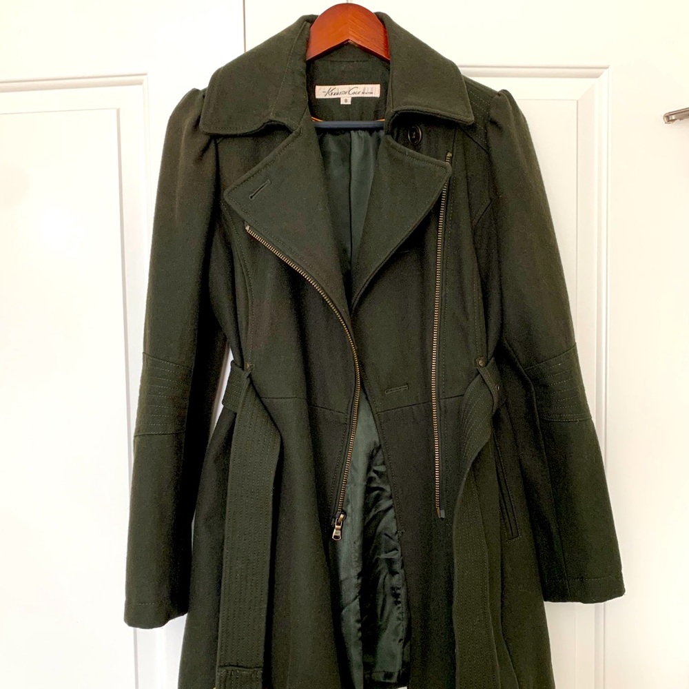 Kenneth Cole NY wool blend olive green trench coat